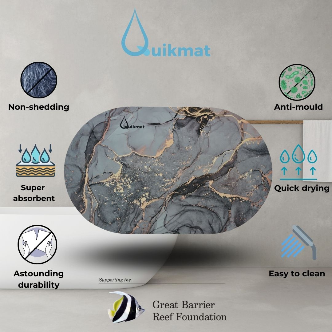 Marble Quikmat, showcasing the features of the absorbent bath mat