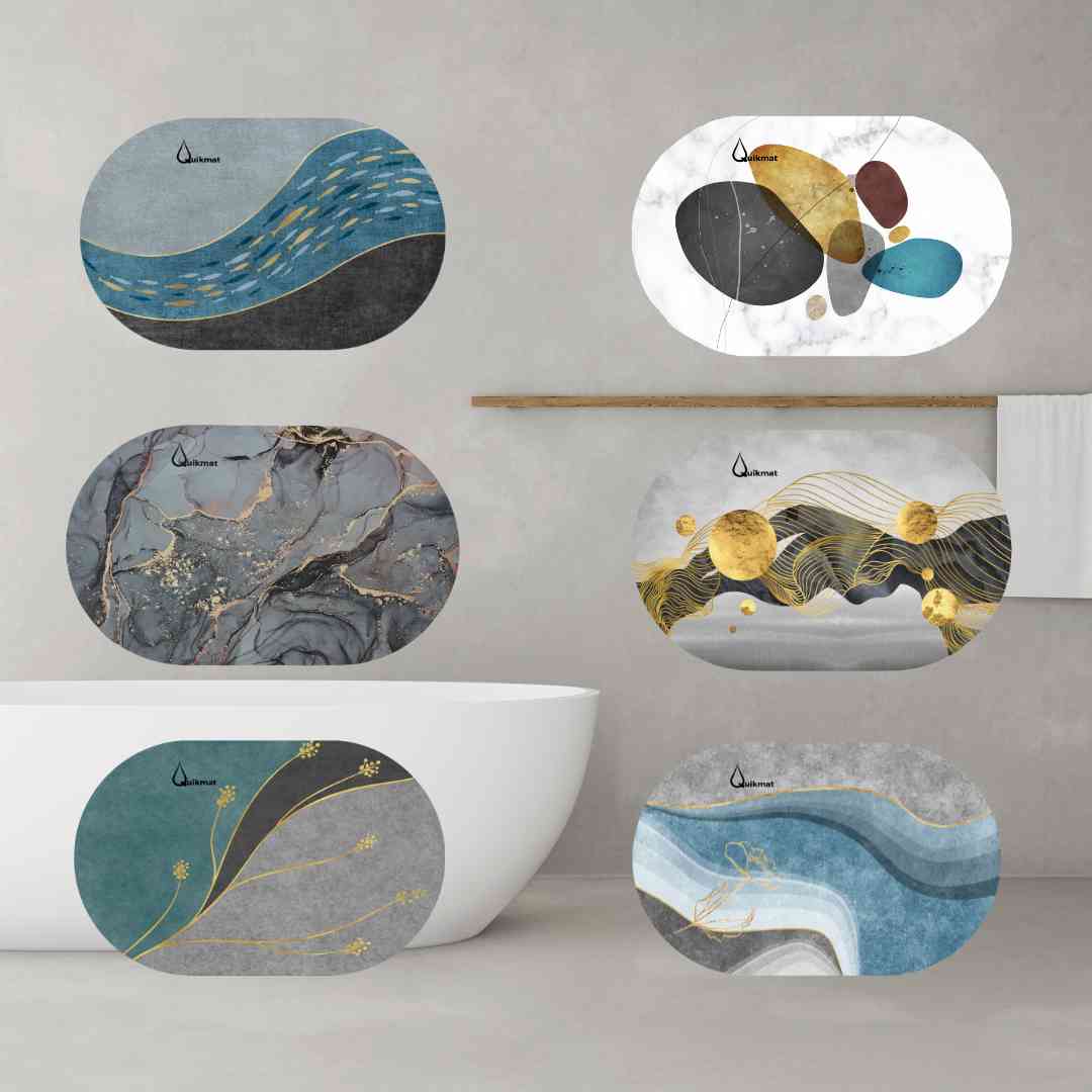 Image of 6 bath mat designs on a minimalistic bathroom background